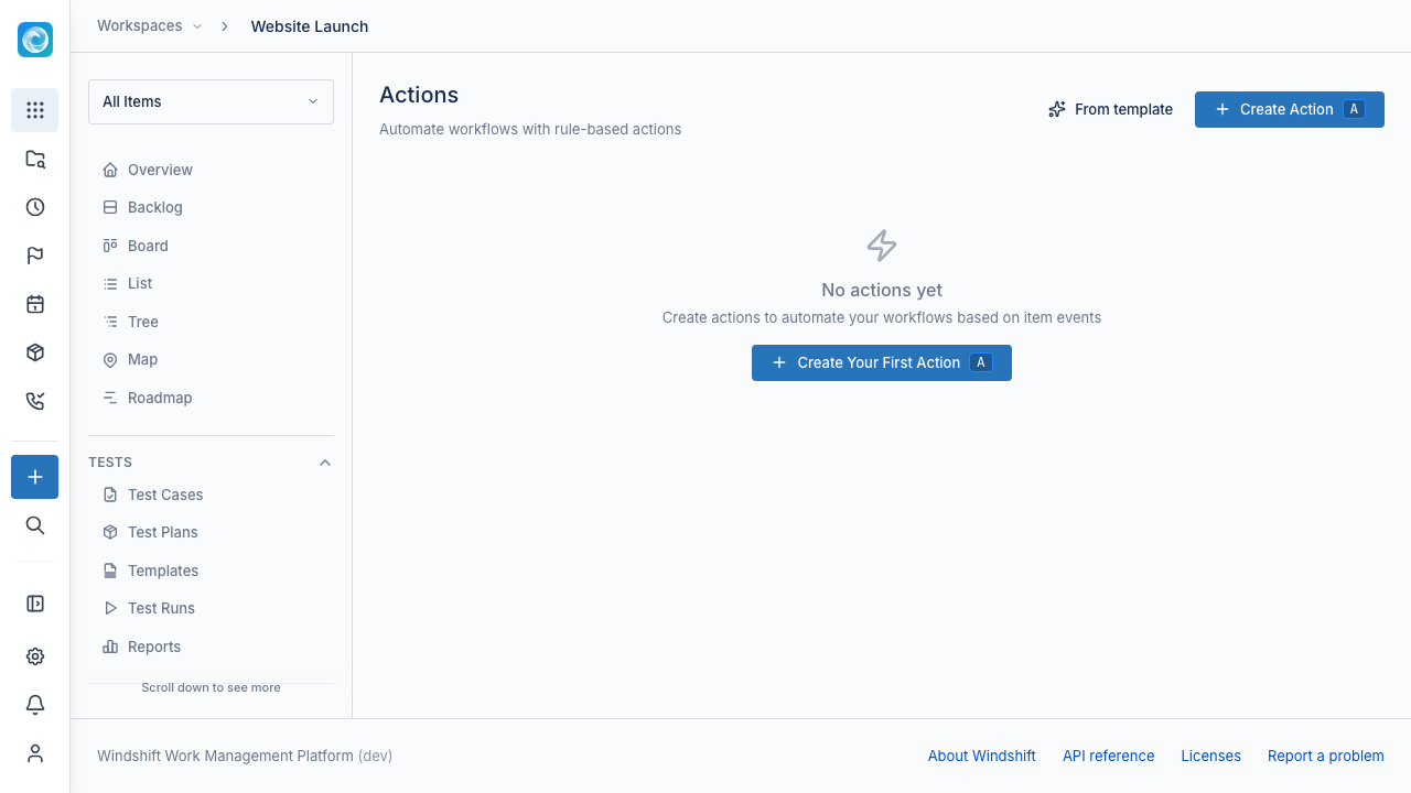 Actions page with create and template controls