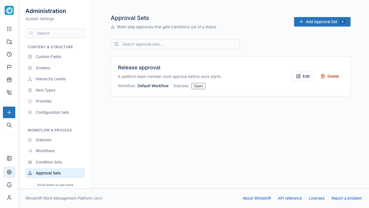 Approval Sets admin page