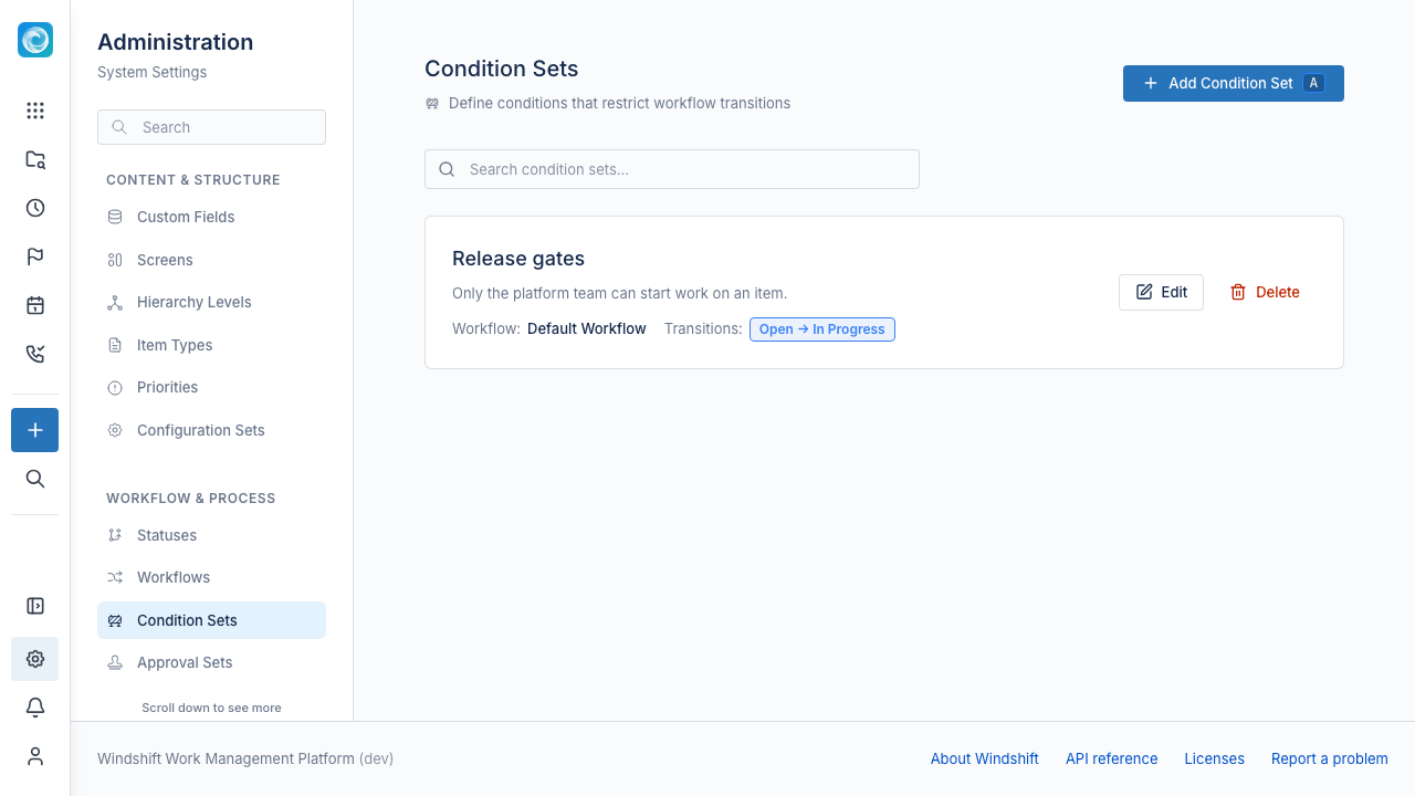 Condition Sets admin page