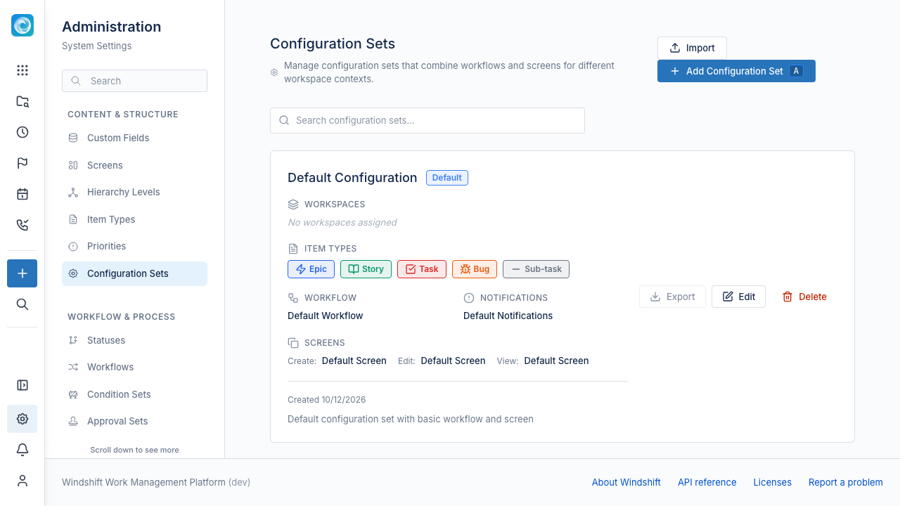 Configuration Sets admin page with the default set