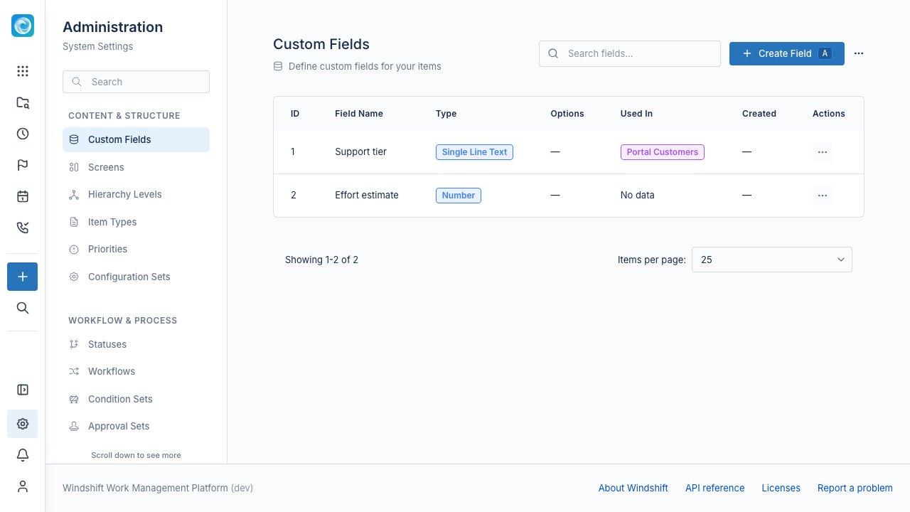 Custom Fields admin page with field types