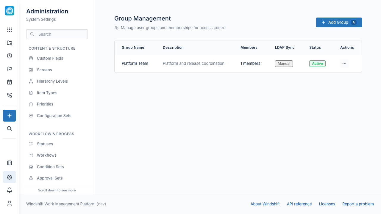 Groups admin page