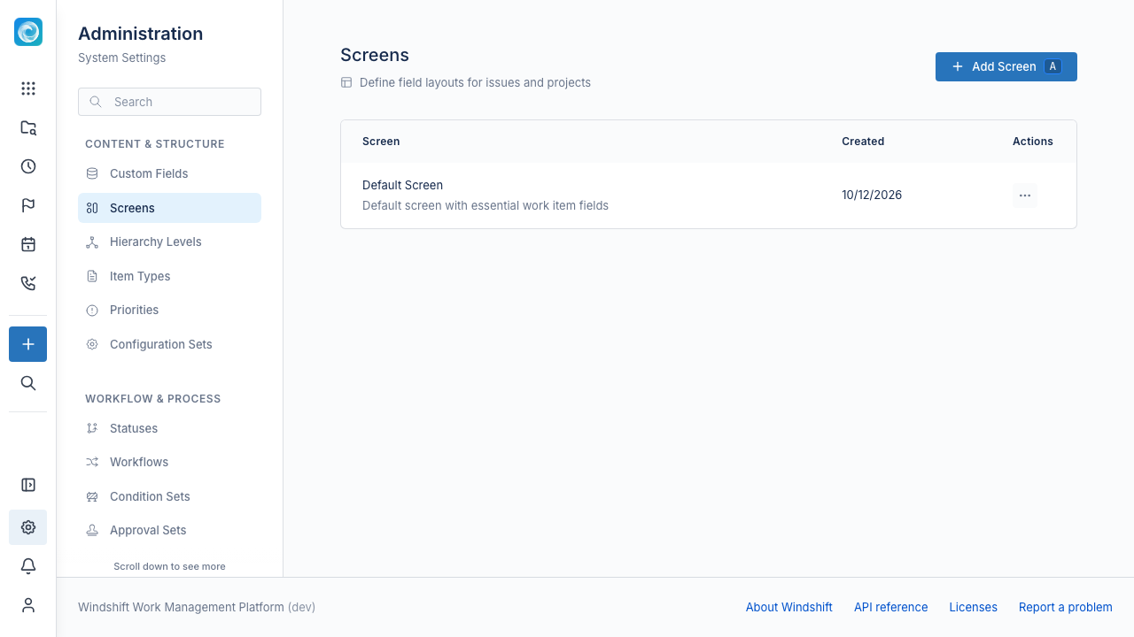 Screens admin page