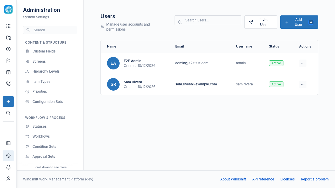 Users admin page