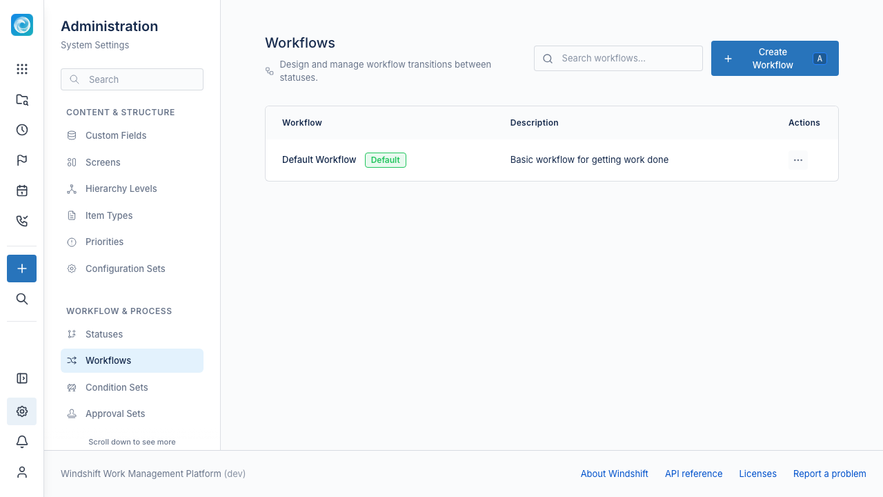 Workflows admin page