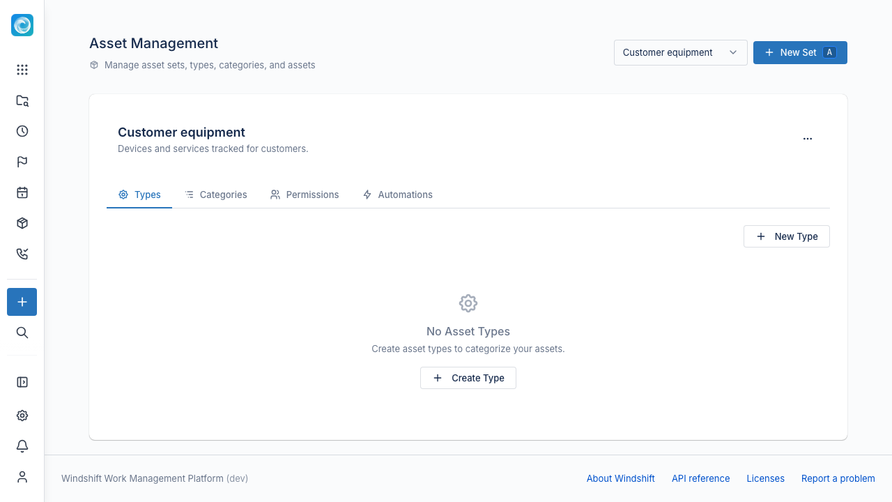 Asset Management page with a set and its tabs