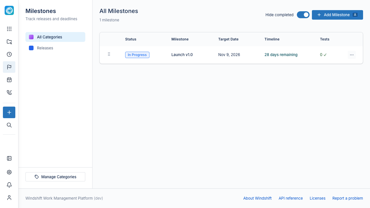 Milestones list with categories and target dates