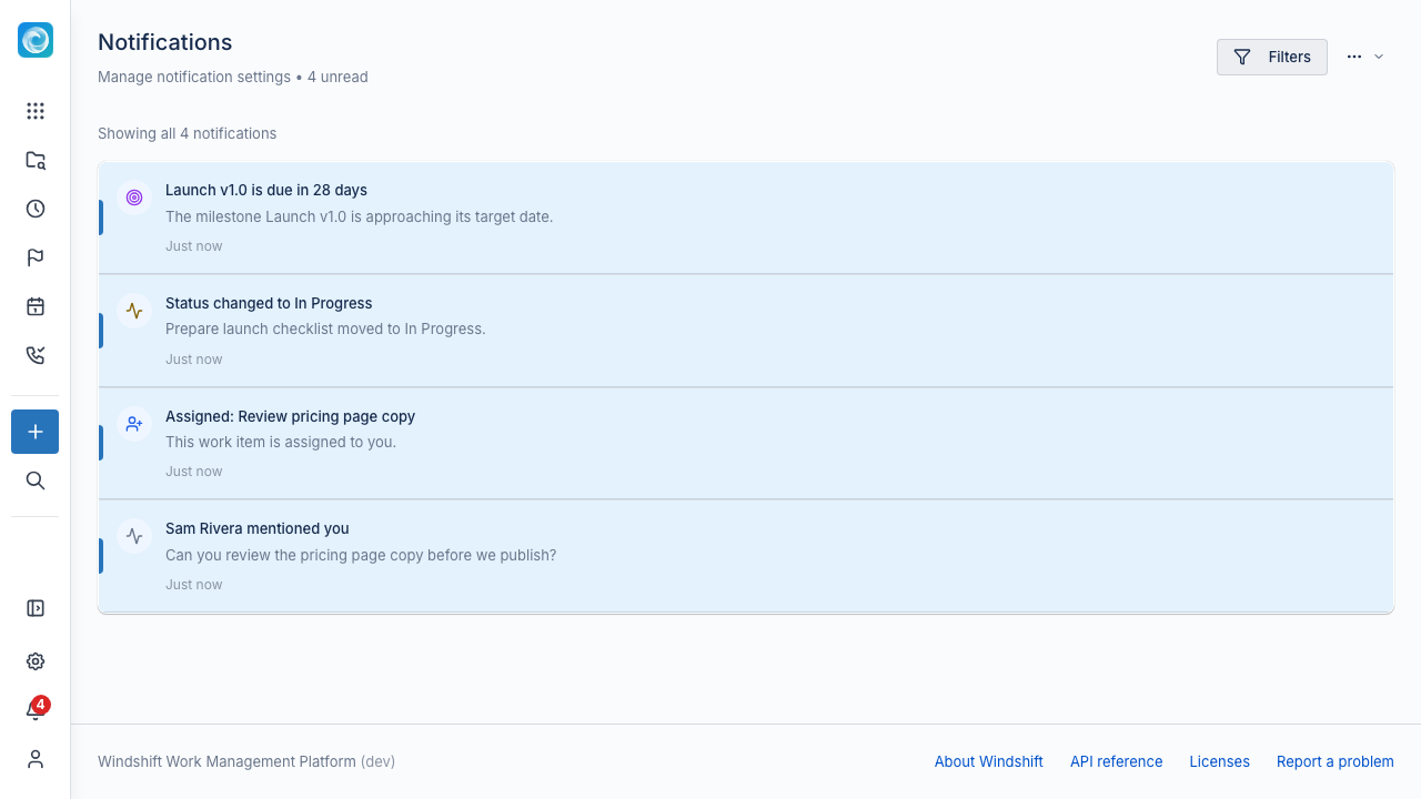 Notifications page with filters and unread items
