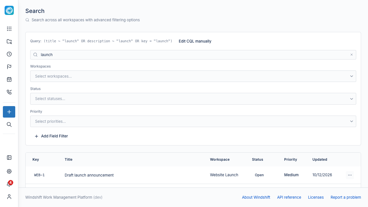 Search page with query builder and results