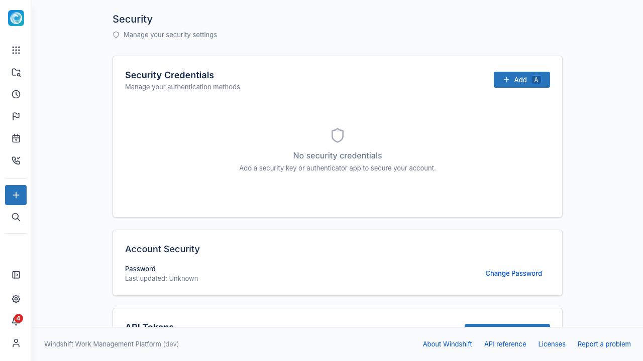 Security page with credentials and API tokens