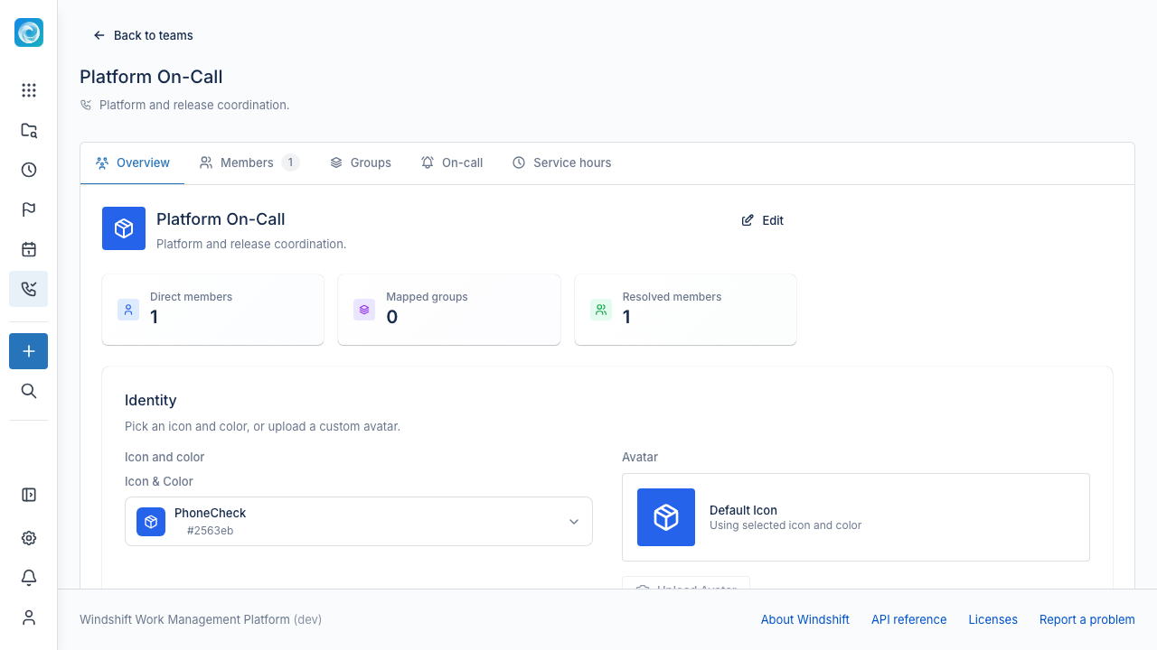 Team detail with members, groups, and on-call tabs