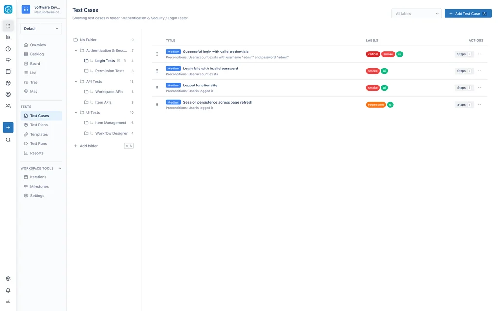 Test cases in a workspace